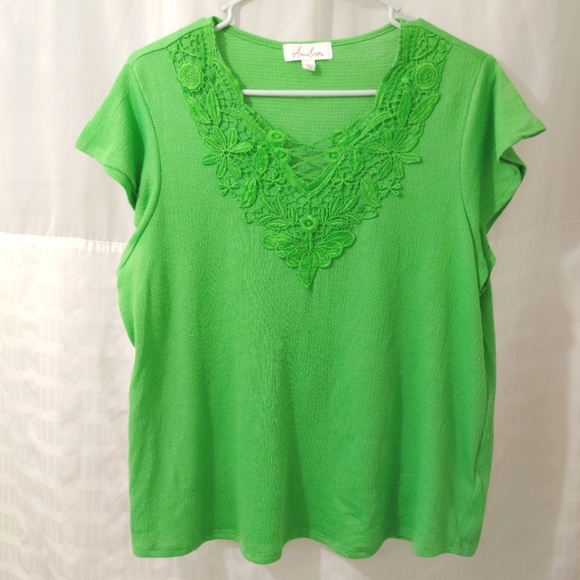 Anneliese Top Crochet Detail Flutter Sleeves Soft Lightweight Tee Green Large - Picture 12 of 12